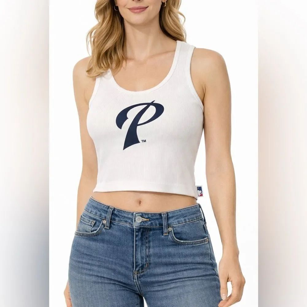 Phillies Women's Cropped Ribbed 100% Cotton Tank Top in White & Blue Size Medium